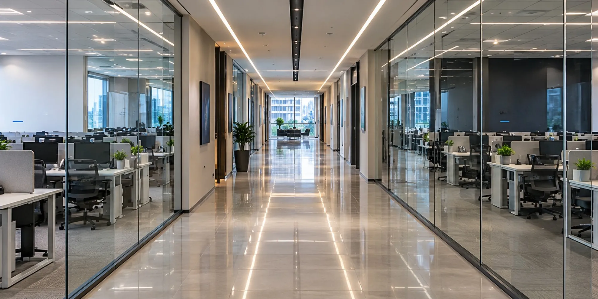 Pasillo y oficinas en un edificio corporativo.